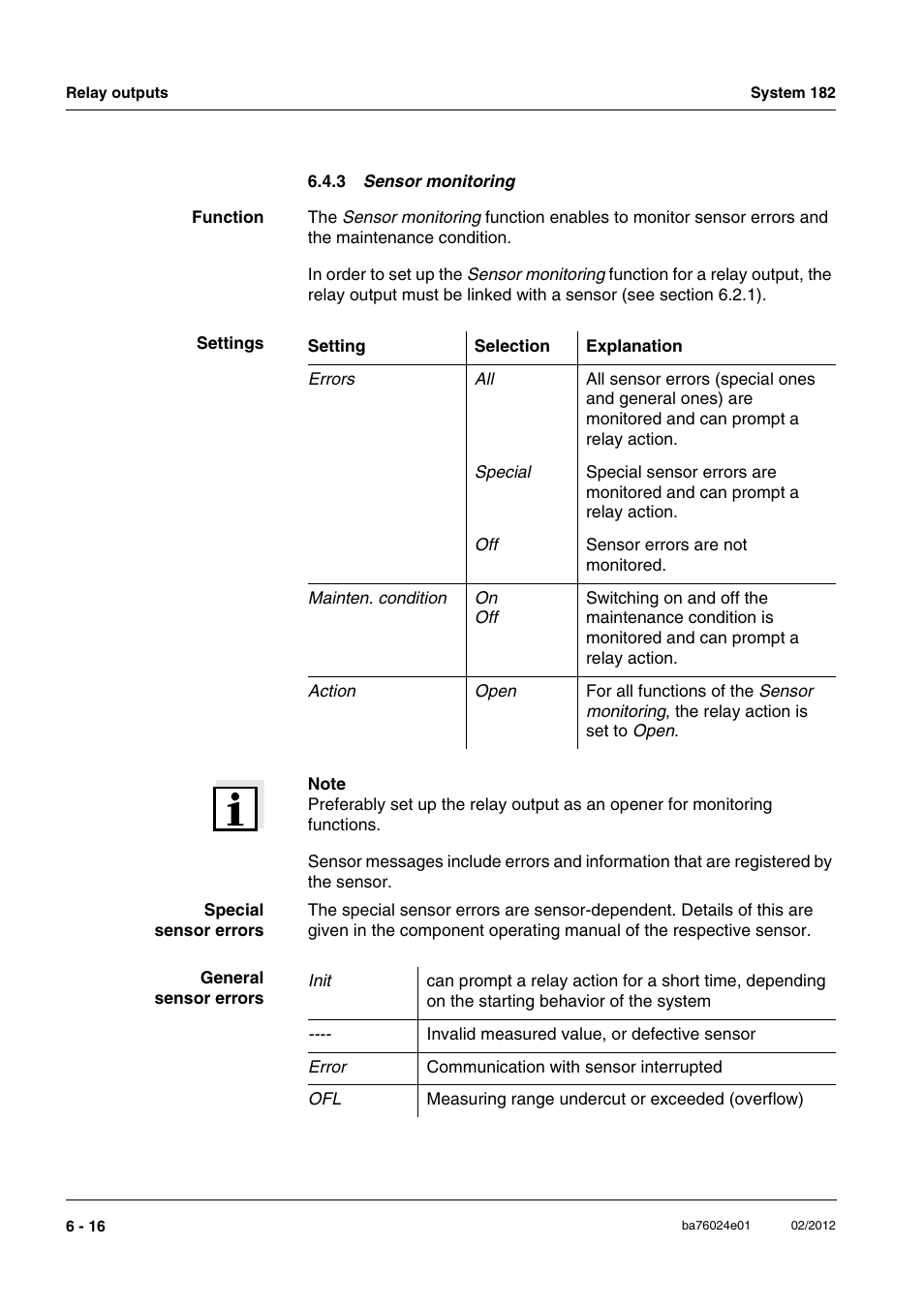 3 sensor monitoring, Senso, Section 6.4.3 | YSI DIQ/S 182-PR System 182 User Manual | Page 100 / 150