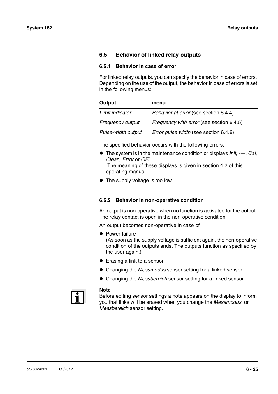 5 behavior of linked relay outputs, 1 behavior in case of error, 2 behavior in non-operative condition | Behavior of linked relay outputs -25 6.5.1, Behavior in case of error -25, Behavior in non-operative condition -25 | YSI DIQ/S 182-PR System 182 User Manual | Page 109 / 150