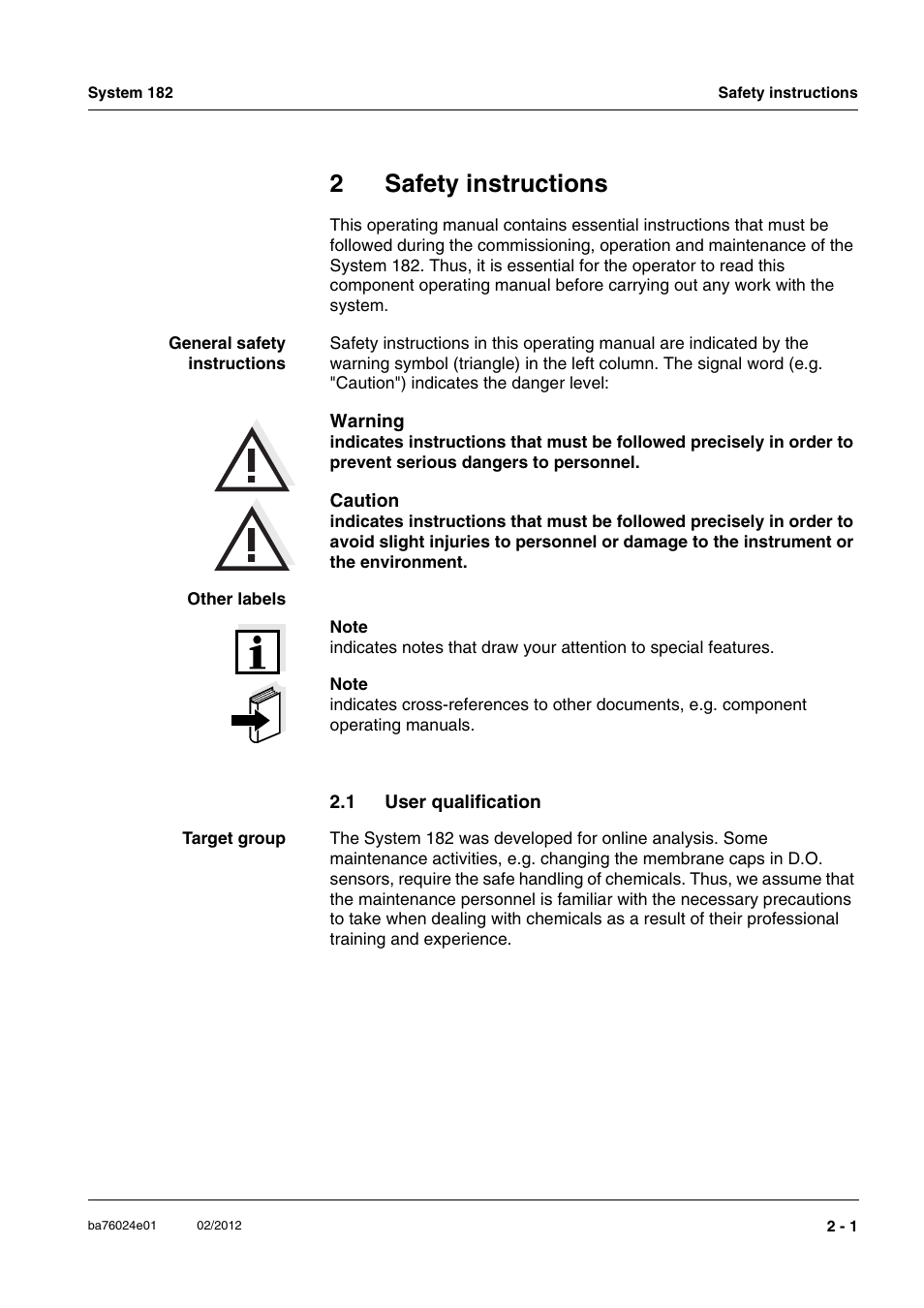 2 safety instructions, 1 user qualification, Safety instructions -1 | User qualification -1, 2safety instructions | YSI DIQ/S 182-PR System 182 User Manual | Page 11 / 150