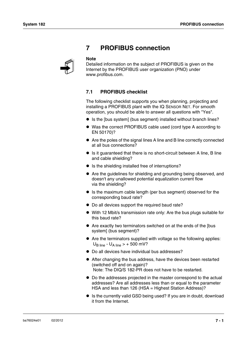 7 profibus connection, 1 profibus checklist, Profibus connection -1 | Profibus checklist -1, Chapter 7 profibus, Connection, Profibus plant is given in chapter 7 profibus, 7profibus connection | YSI DIQ/S 182-PR System 182 User Manual | Page 111 / 150