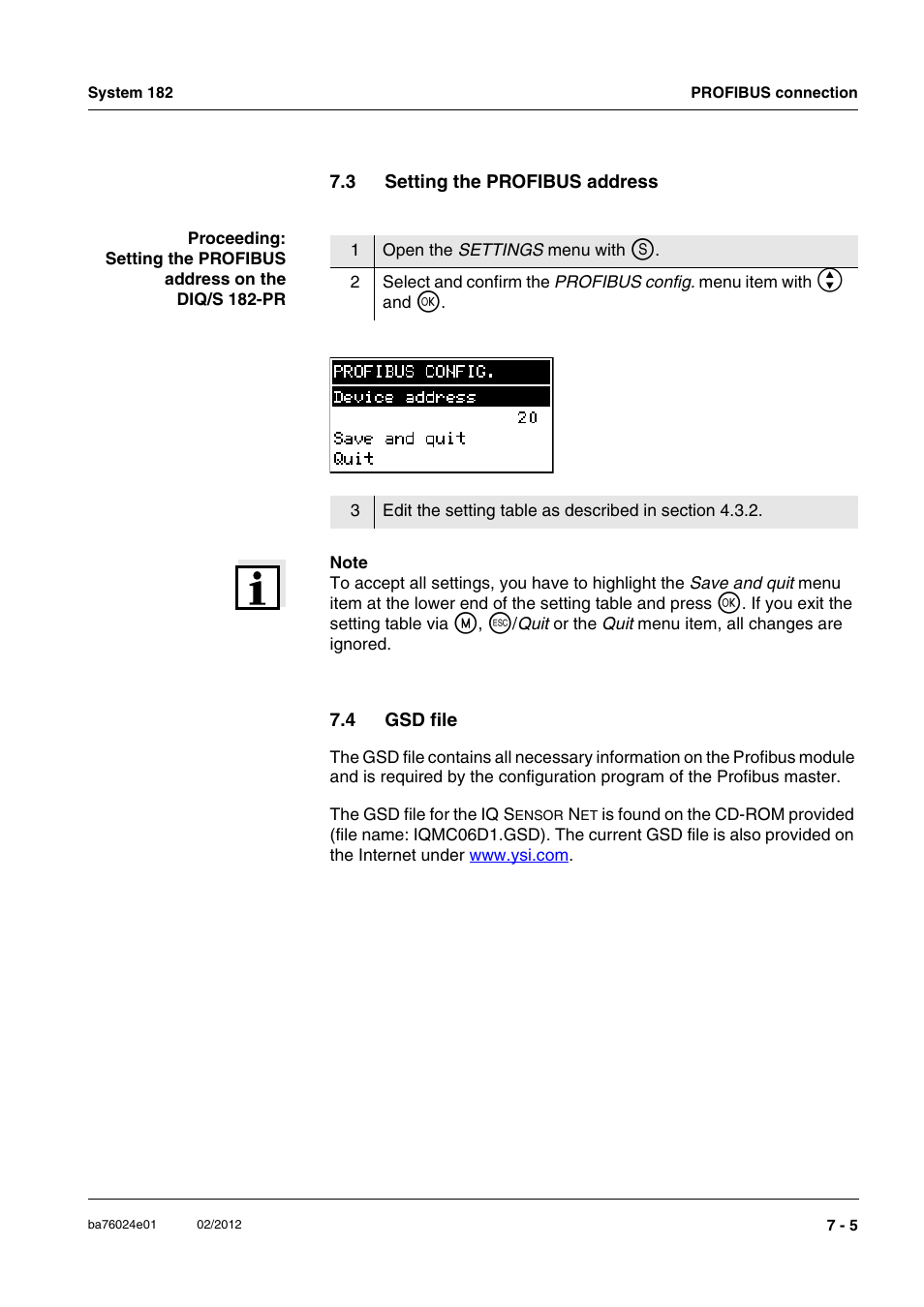 3 setting the profibus address, 4 gsd file, Setting the profibus address -5 | Gsd file -5, Section 7.3) | YSI DIQ/S 182-PR System 182 User Manual | Page 115 / 150