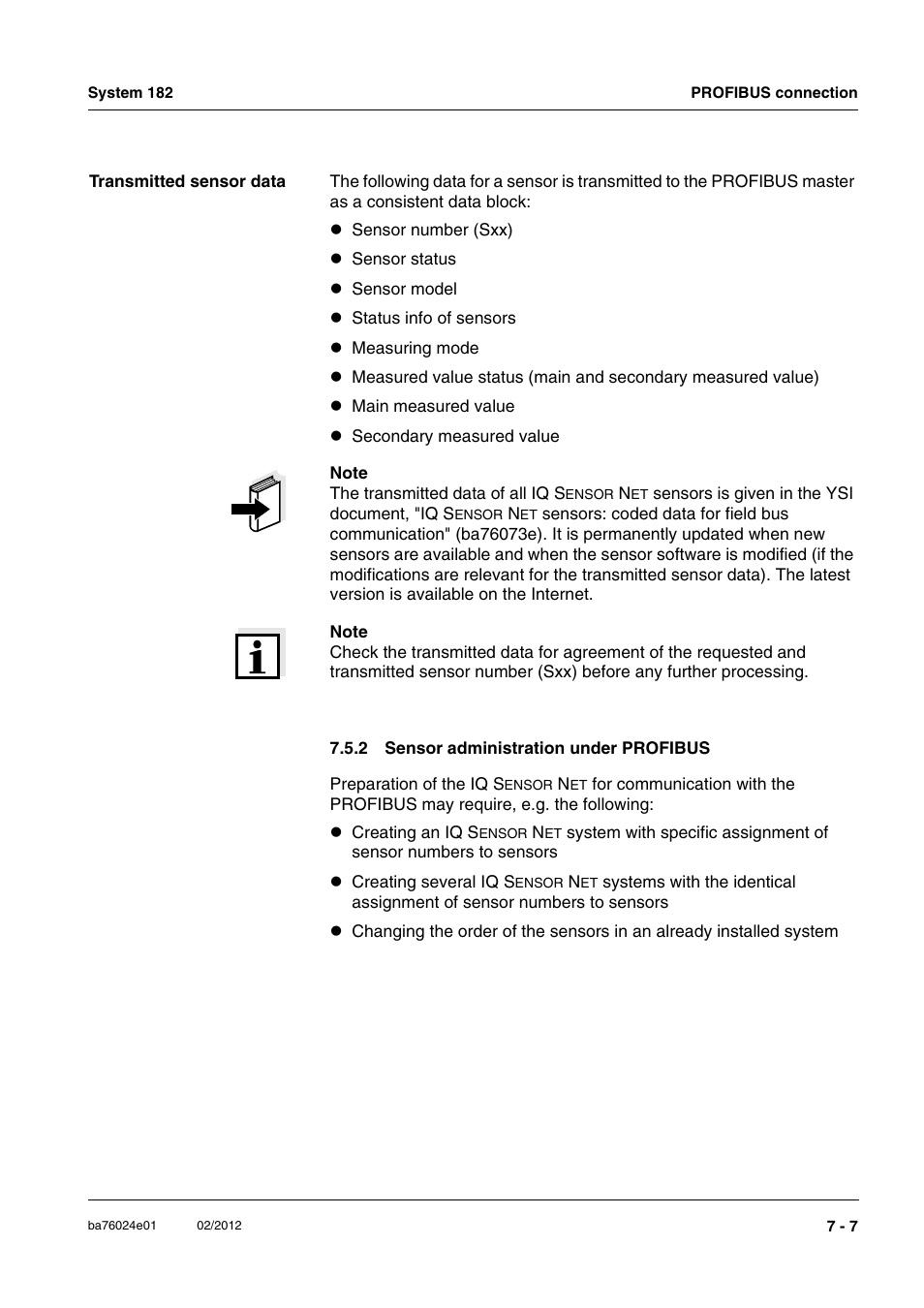 2 sensor administration under profibus, Sensor administration under profibus -7 | YSI DIQ/S 182-PR System 182 User Manual | Page 117 / 150