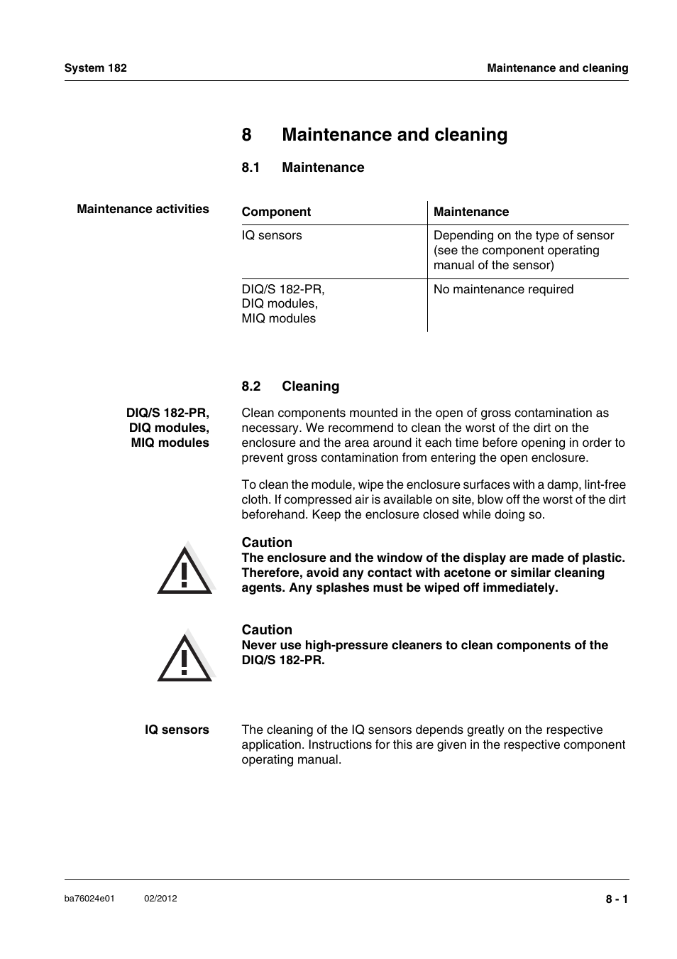 8 maintenance and cleaning, 1 maintenance, 2 cleaning | Maintenance and cleaning -1, Maintenance -1, Cleaning -1, 8maintenance and cleaning | YSI DIQ/S 182-PR System 182 User Manual | Page 123 / 150