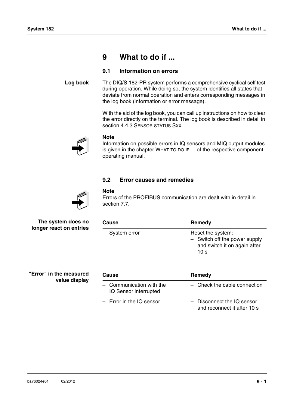9 what to do if, 1 information on errors, 2 error causes and remedies | What to do if -1, Information on errors -1, Error causes and remedies -1, See chapter 9 w, Chapter 9 w, 9what to do if | YSI DIQ/S 182-PR System 182 User Manual | Page 125 / 150