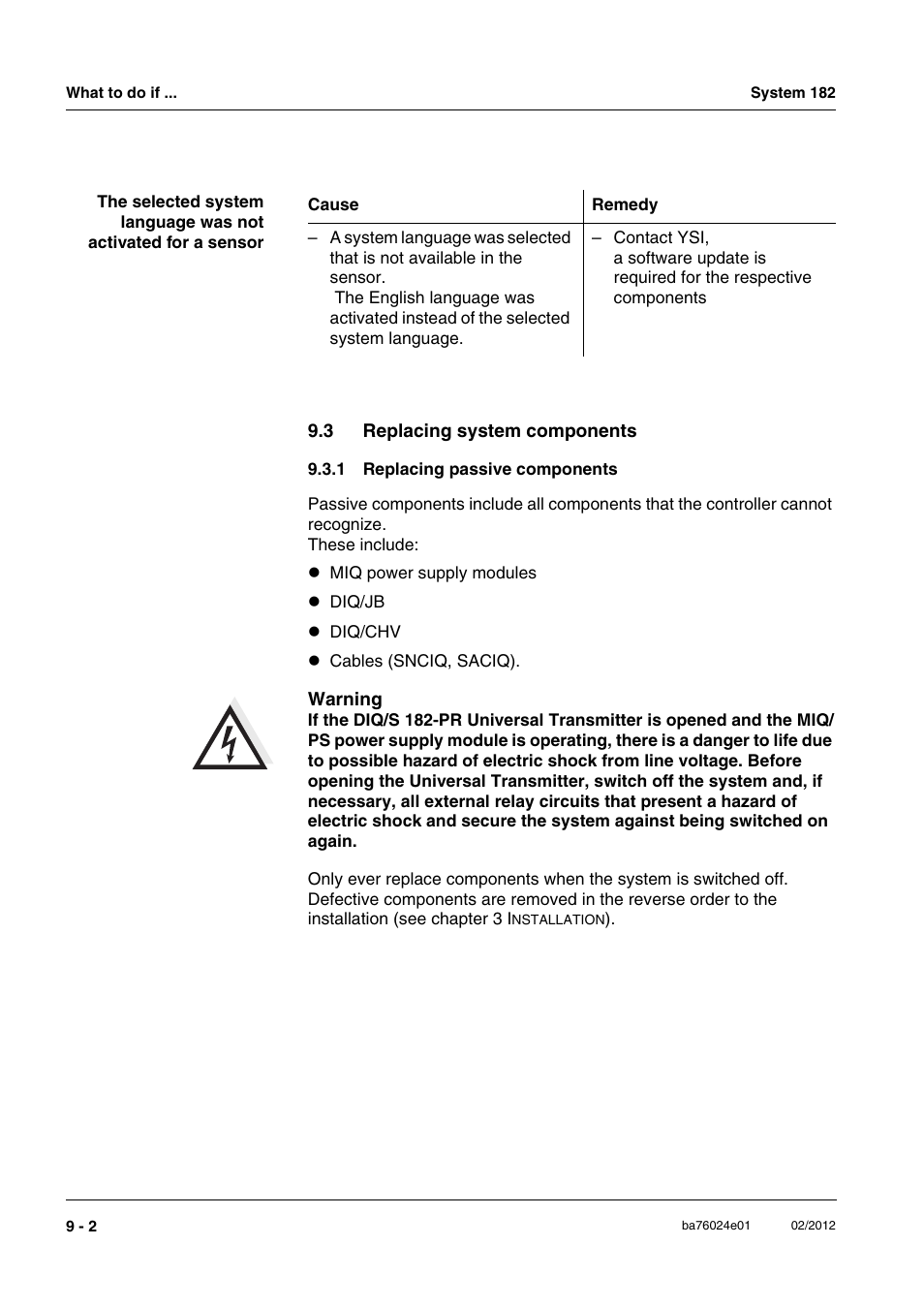 3 replacing system components, 1 replacing passive components, Replacing system components -2 9.3.1 | Replacing passive components -2 | YSI DIQ/S 182-PR System 182 User Manual | Page 126 / 150