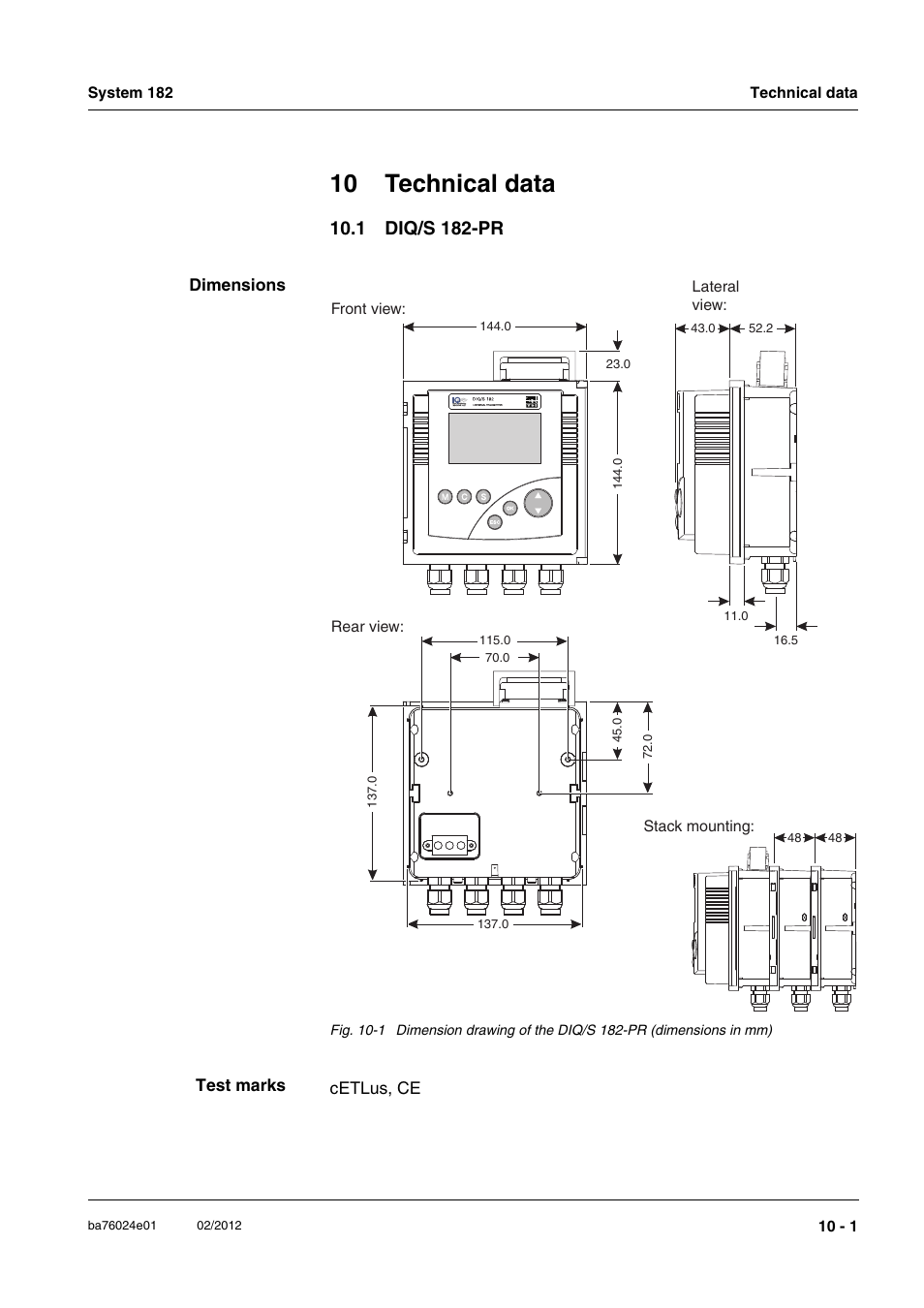 10 technical data, 1 diq/s 182-pr, 10 technical data -1 | 1 diq/s 182-pr -1, To chapter 10 t, Echnical, Data, Only operat, Chapter 10 t, In chapter 10 t | YSI DIQ/S 182-PR System 182 User Manual | Page 131 / 150
