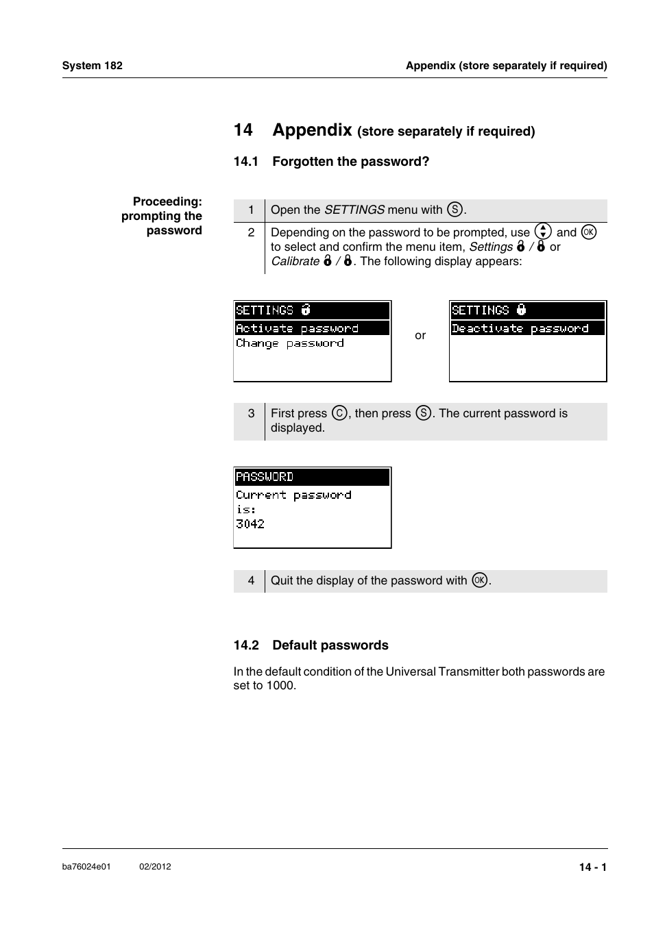 14 appendix (store separately if required), 1 forgotten the password, 2 default passwords | 14 appendix (store separately if required) -1, 14 appendix | YSI DIQ/S 182-PR System 182 User Manual | Page 147 / 150