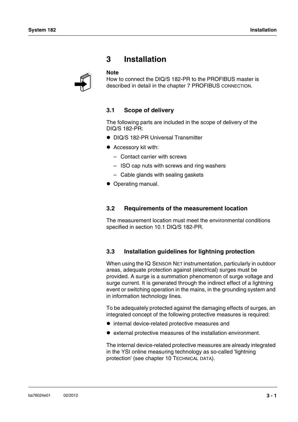 3 installation, 1 scope of delivery, 2 requirements of the measurement location | 3 installation guidelines for lightning protection, Installation -1, Scope of delivery -1, Requirements of the measurement location -1, 3installation | YSI DIQ/S 182-PR System 182 User Manual | Page 15 / 150