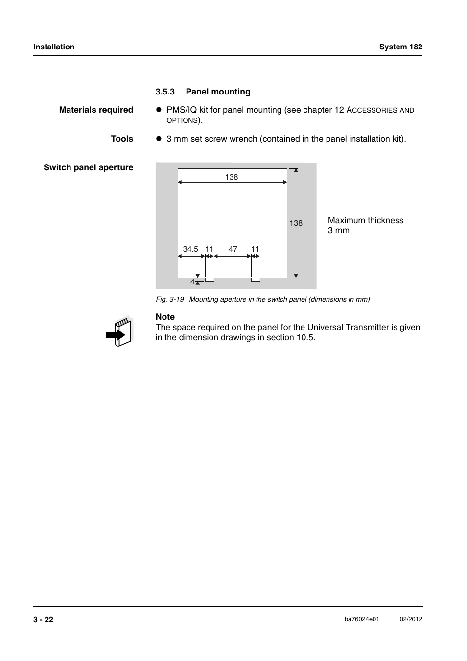 3 panel mounting, Panel mounting -22, Anel (section 3.5.3) | YSI DIQ/S 182-PR System 182 User Manual | Page 36 / 150