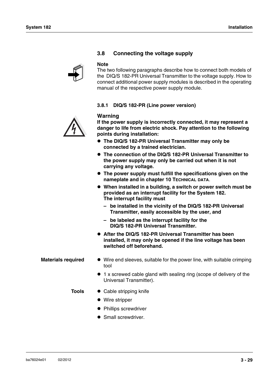8 connecting the voltage supply, 1 diq/s 182-pr (line power version), Connecting the voltage supply -29 3.8.1 | Diq/s 182-pr (line power version) -29 | YSI DIQ/S 182-PR System 182 User Manual | Page 43 / 150