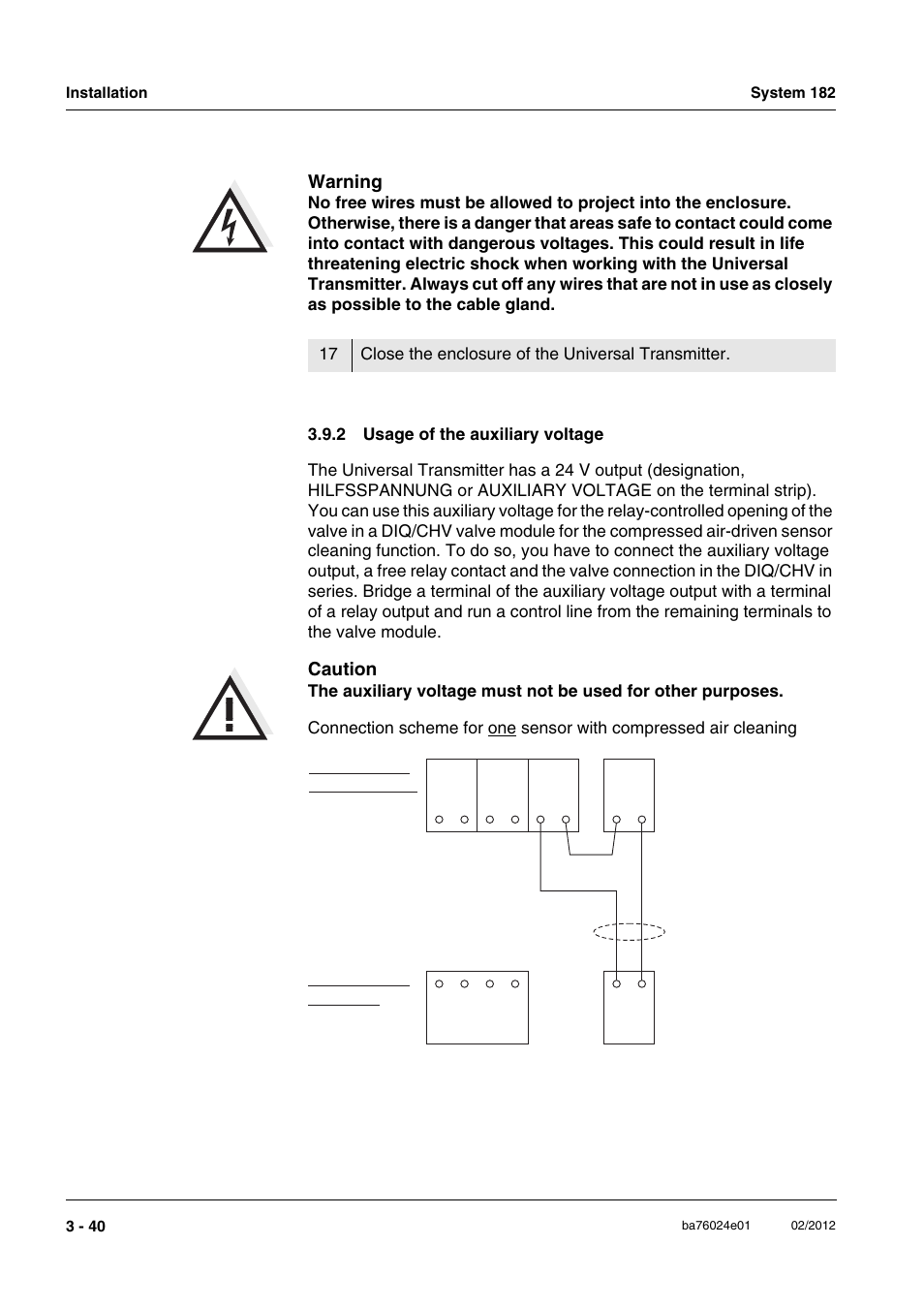 2 usage of the auxiliary voltage, Usage of the auxiliary voltage -40, Warning | Caution, Terminal strip diq/s 182-pr terminal strip diq/chv, Valve control line | YSI DIQ/S 182-PR System 182 User Manual | Page 54 / 150