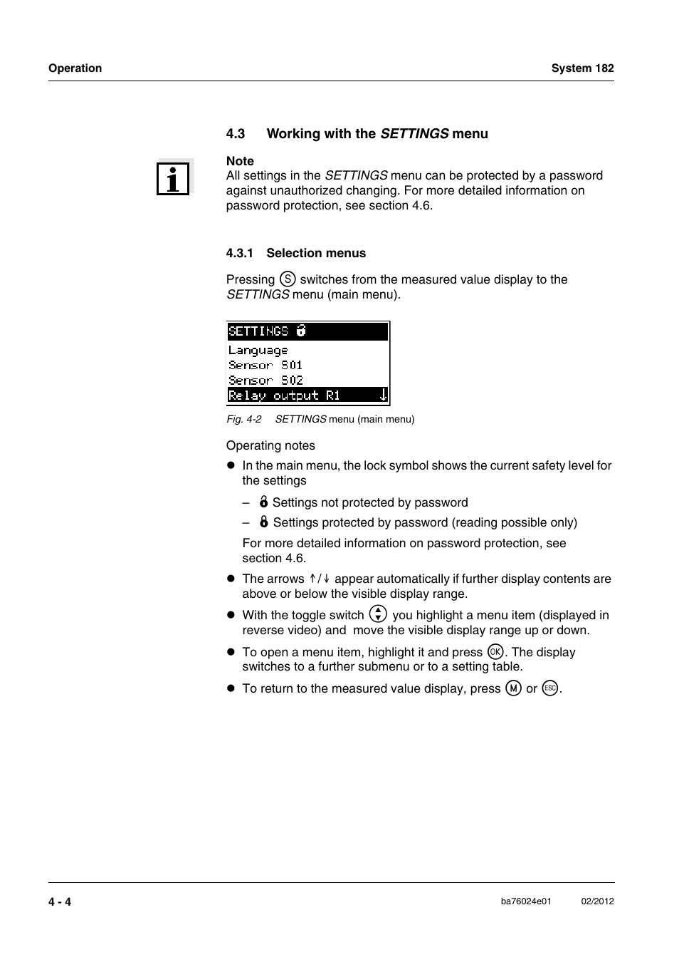 3 working with the settings menu, 1 selection menus, Working with the | Selection menus -4 | YSI DIQ/S 182-PR System 182 User Manual | Page 64 / 150