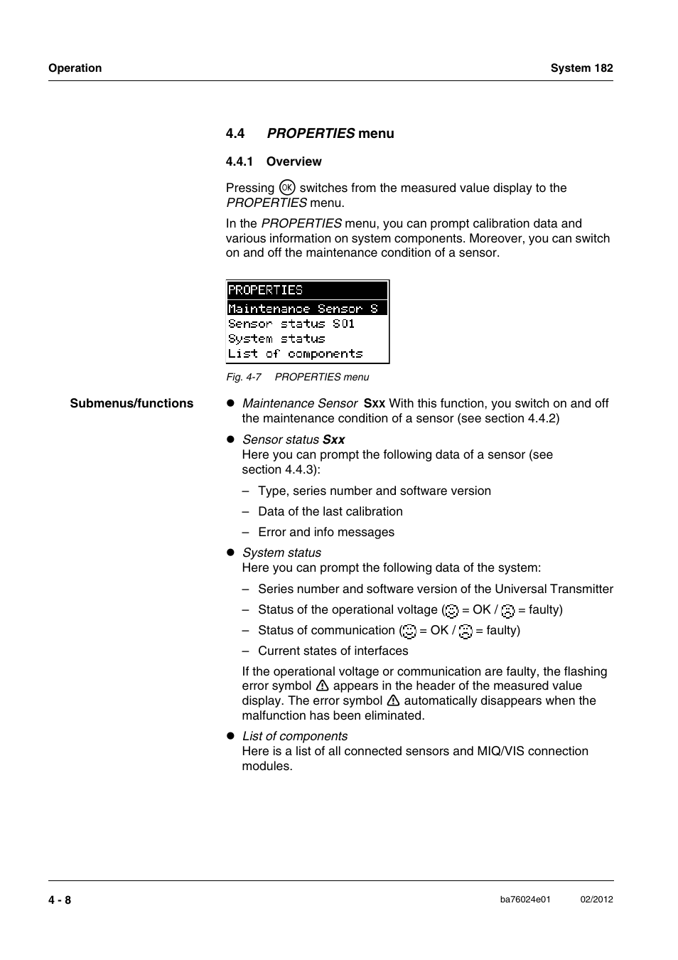 4 properties menu, 1 overview, Properties | Overview -8 | YSI DIQ/S 182-PR System 182 User Manual | Page 68 / 150