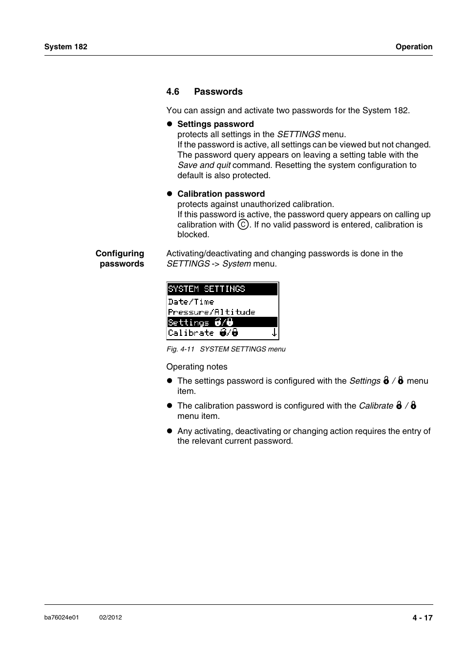 6 passwords, Passwords -17 | YSI DIQ/S 182-PR System 182 User Manual | Page 77 / 150