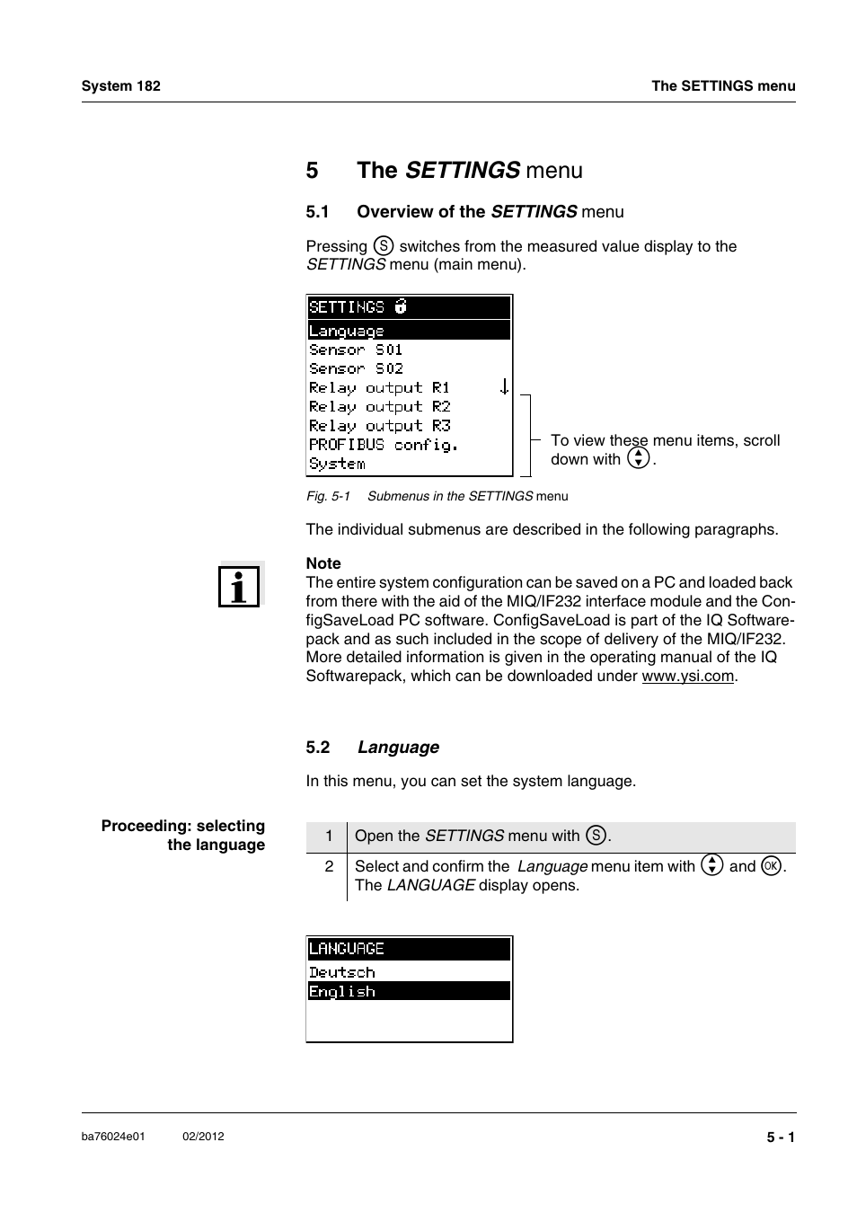 5 the settings menu, 1 overview of the settings menu, 2 language | Overview of the, 5the settings menu | YSI DIQ/S 182-PR System 182 User Manual | Page 79 / 150