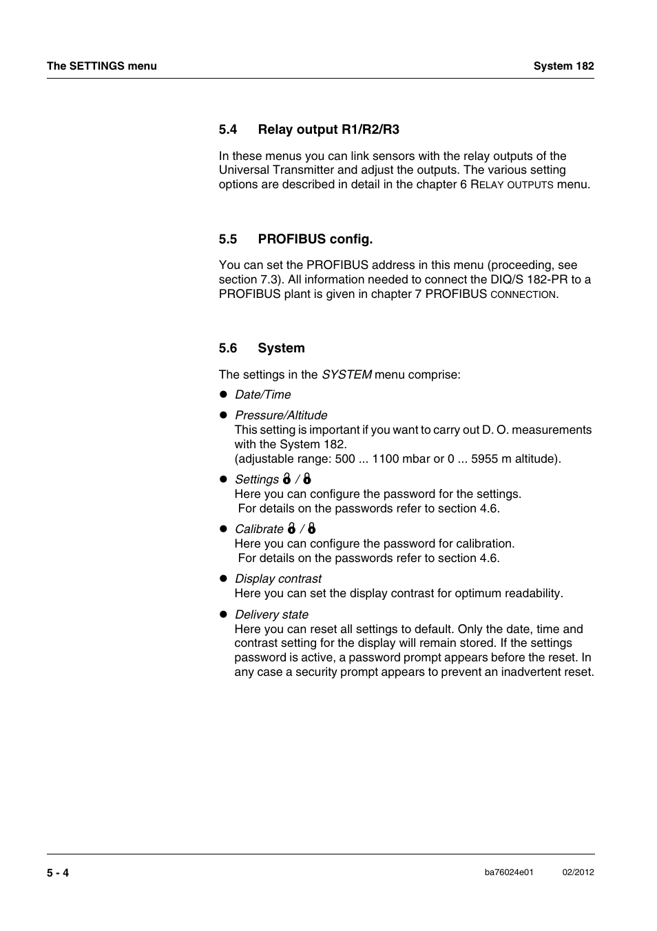 4 relay output r1/r2/r3, 5 profibus config, 6 system | Relay output r1/r2/r3 -4, Profibus config -4, System -4 | YSI DIQ/S 182-PR System 182 User Manual | Page 82 / 150