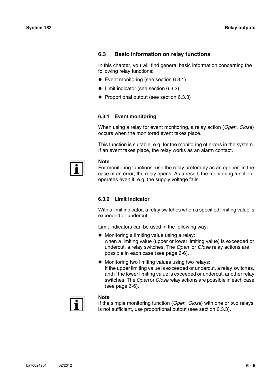 3 basic information on relay functions, 1 event monitoring, 2 limit indicator | Basic information on relay functions -5 6.3.1, Event monitoring -5, Limit indicator -5 | YSI DIQ/S 182-PR System 182 User Manual | Page 89 / 150