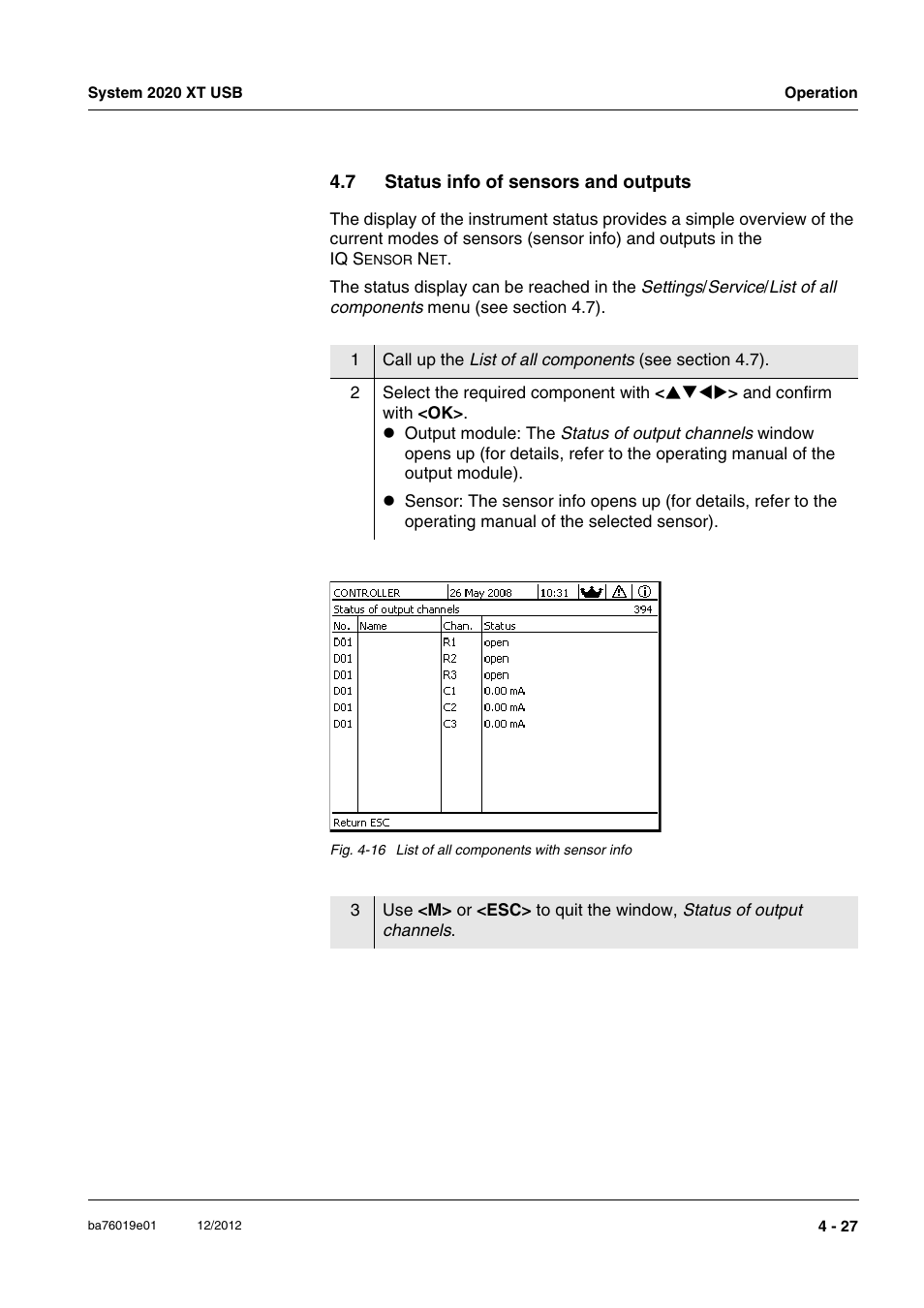 7 status info of sensors and outputs, Status info of sensors and outputs -27 | YSI IQ SensorNet 2020 XT Terminal User Manual | Page 105 / 196