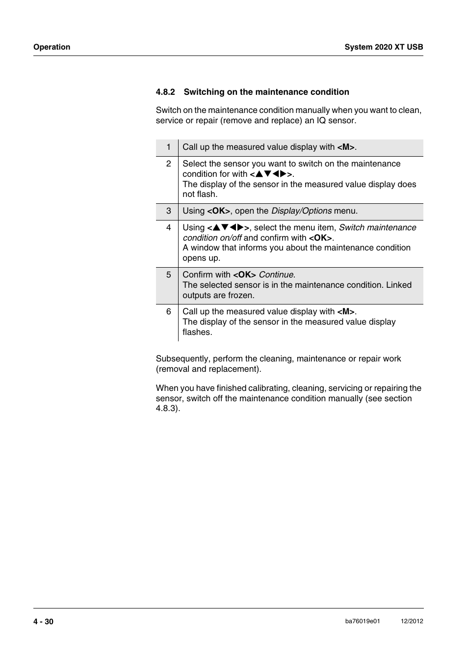 2 switching on the maintenance condition, Switching on the maintenance condition -30 | YSI IQ SensorNet 2020 XT Terminal User Manual | Page 108 / 196