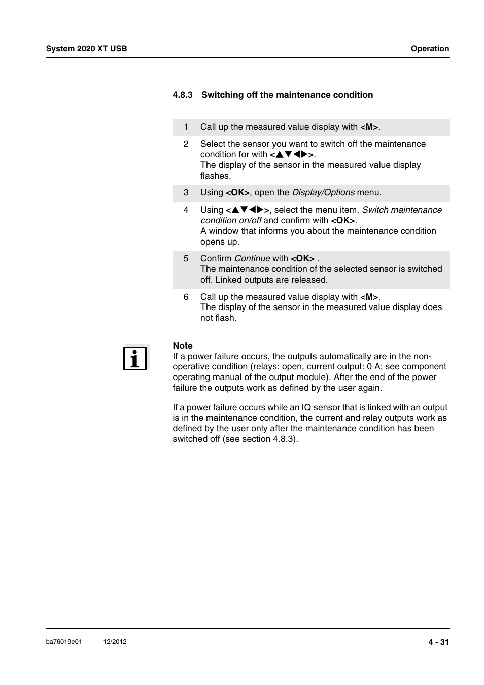 3 switching off the maintenance condition, Switching off the maintenance condition -31 | YSI IQ SensorNet 2020 XT Terminal User Manual | Page 109 / 196