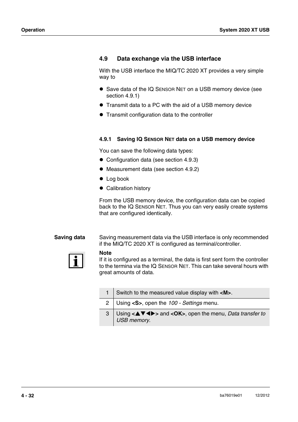 9 data exchange via the usb interface, 1 saving iq sensor net data on a usb memory device, Data exchange via the usb interface -32 4.9.1 | Saving iq s | YSI IQ SensorNet 2020 XT Terminal User Manual | Page 110 / 196