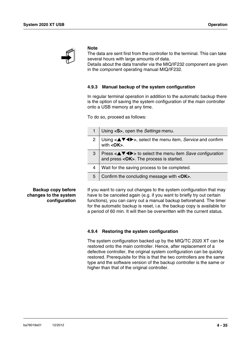 3 manual backup of the system configuration, 4 restoring the system configuration, Manual backup of the system configuration -35 | Restoring the system configuration -35 | YSI IQ SensorNet 2020 XT Terminal User Manual | Page 113 / 196
