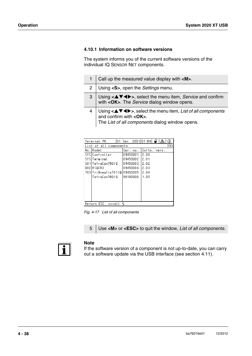 1 information on software versions, 1 information on software versions -38 | YSI IQ SensorNet 2020 XT Terminal User Manual | Page 116 / 196
