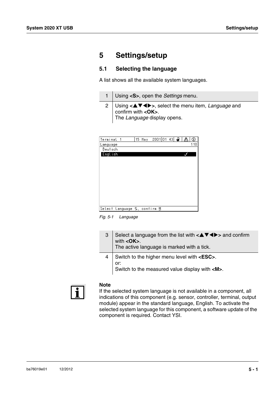 5 settings/setup, 1 selecting the language, Settings/setup -1 | Selecting the language -1, Ge (see section 5.1 s, Electing, Language, 5settings/setup | YSI IQ SensorNet 2020 XT Terminal User Manual | Page 121 / 196