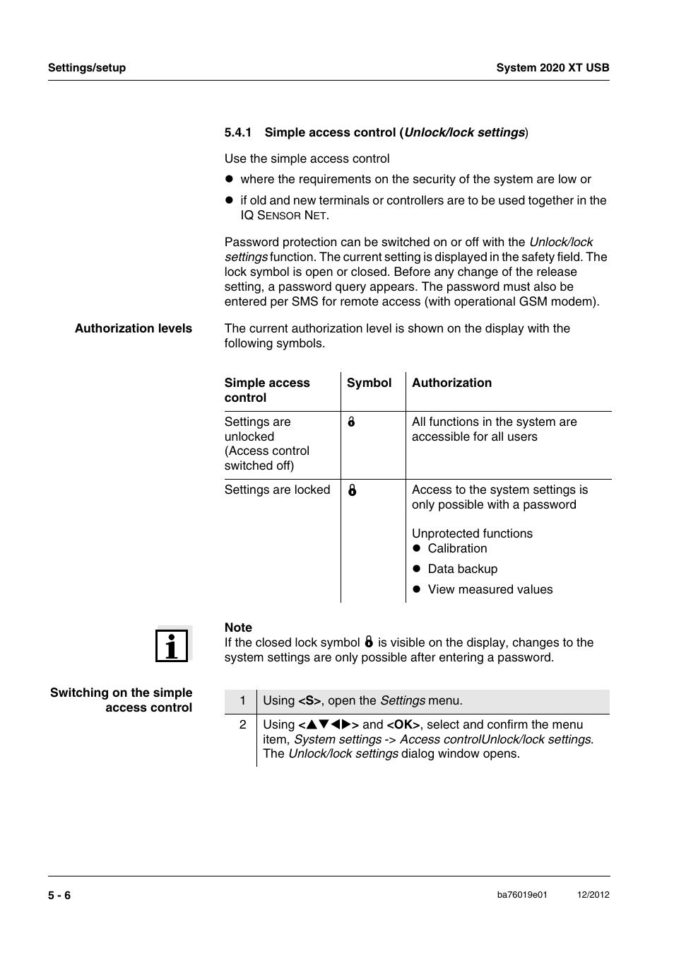 1 simple access control (unlock/lock settings), Simple access control | YSI IQ SensorNet 2020 XT Terminal User Manual | Page 126 / 196