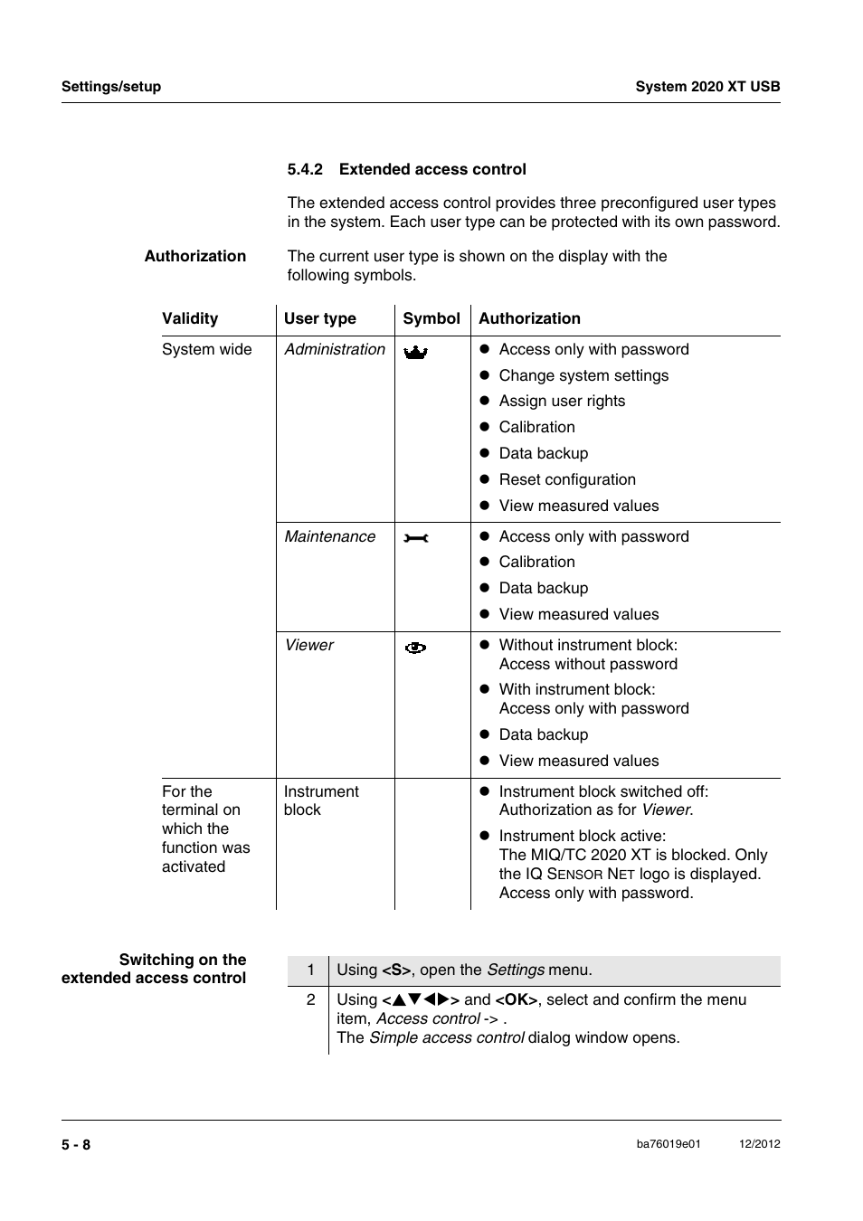 2 extended access control, Extended access control -8 | YSI IQ SensorNet 2020 XT Terminal User Manual | Page 128 / 196