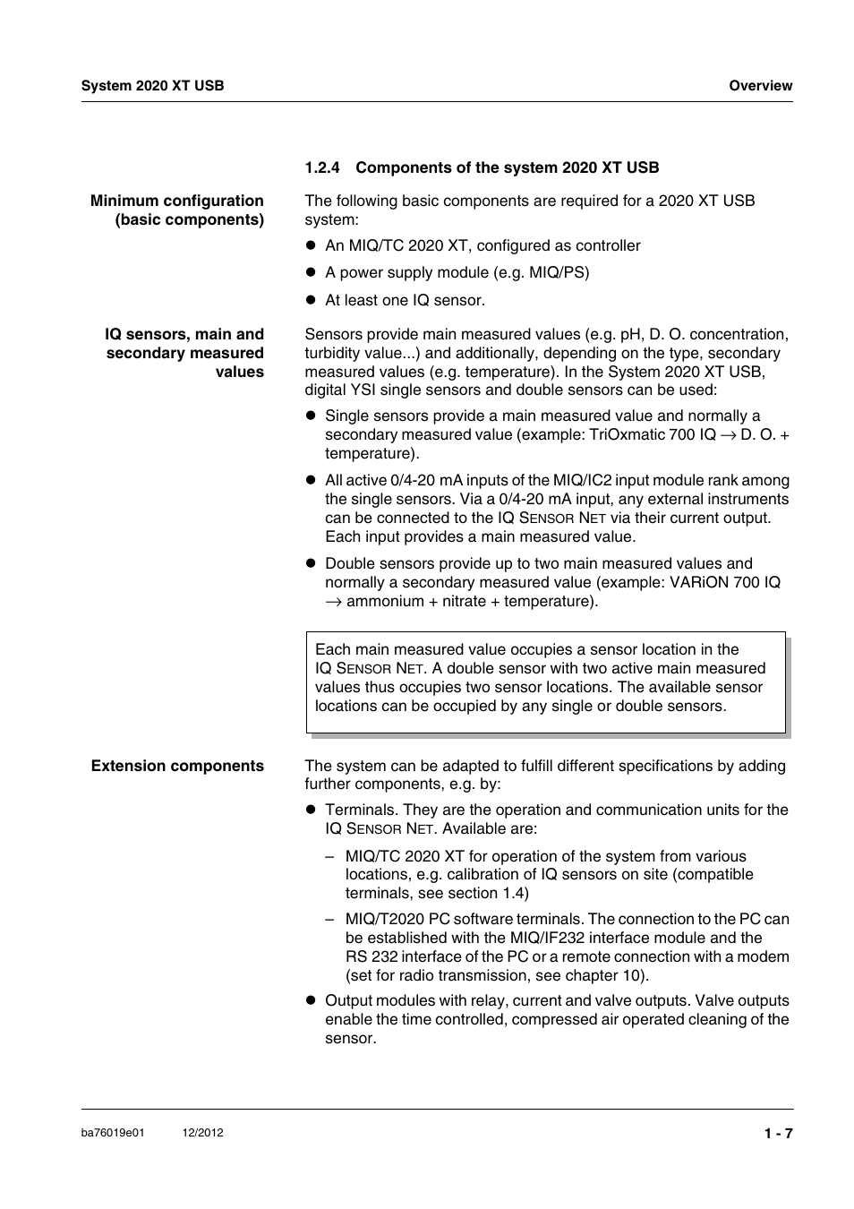 4 components of the system 2020 xt usb, Components of the system 2020 xt usb -7 | YSI IQ SensorNet 2020 XT Terminal User Manual | Page 13 / 196