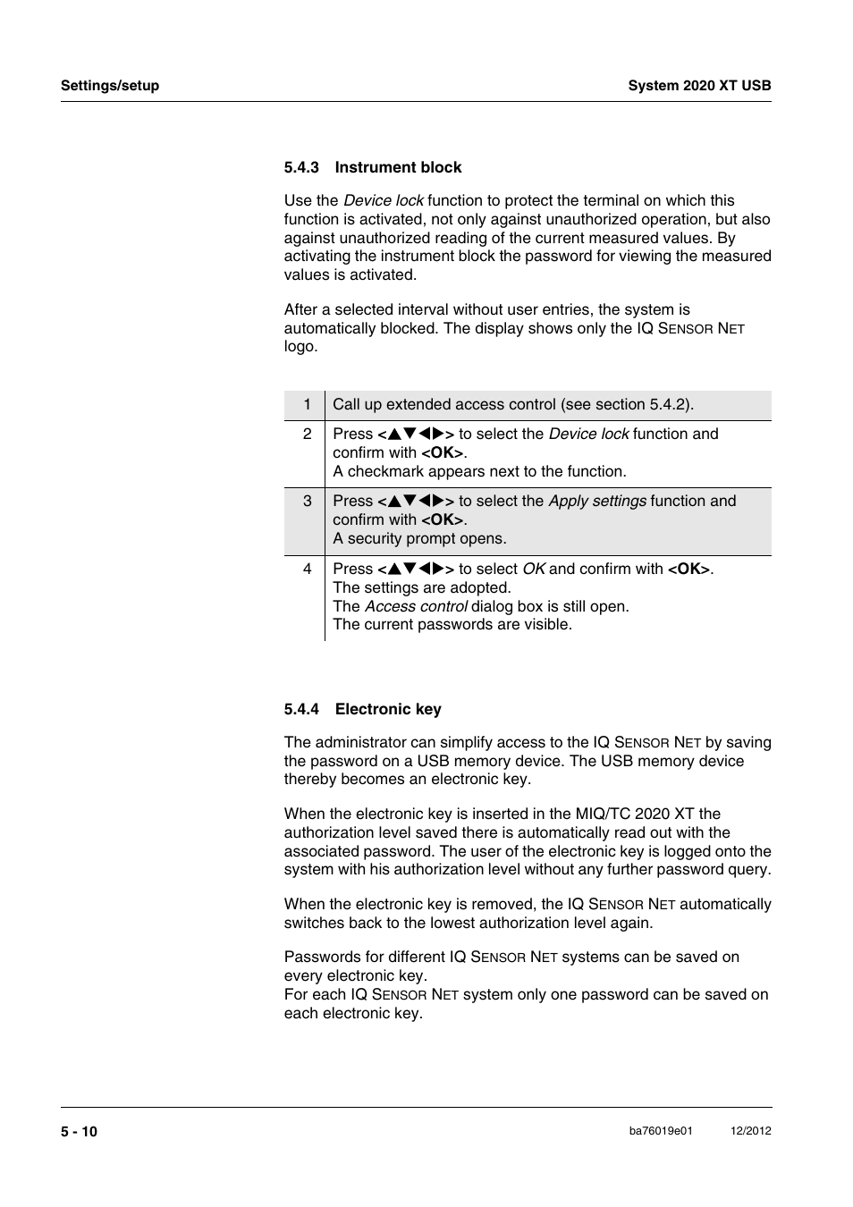 3 instrument block, 4 electronic key, Instrument block -10 | Electronic key -10 | YSI IQ SensorNet 2020 XT Terminal User Manual | Page 130 / 196