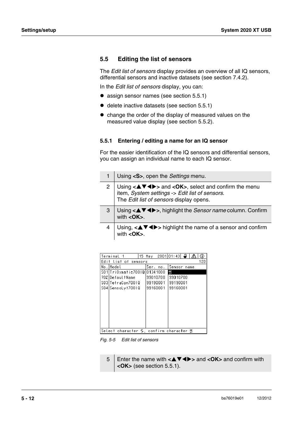 5 editing the list of sensors, 1 entering / editing a name for an iq sensor, Editing the list of sensors -12 5.5.1 | Entering / editing a name for an iq sensor -12, Section 5.5.1). this n, Name is described in section 5.5.1 | YSI IQ SensorNet 2020 XT Terminal User Manual | Page 132 / 196