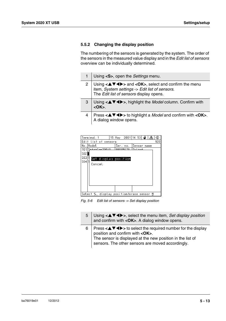 2 changing the display position, Changing the display position -13, Value display (see section 5.5.2) | YSI IQ SensorNet 2020 XT Terminal User Manual | Page 133 / 196