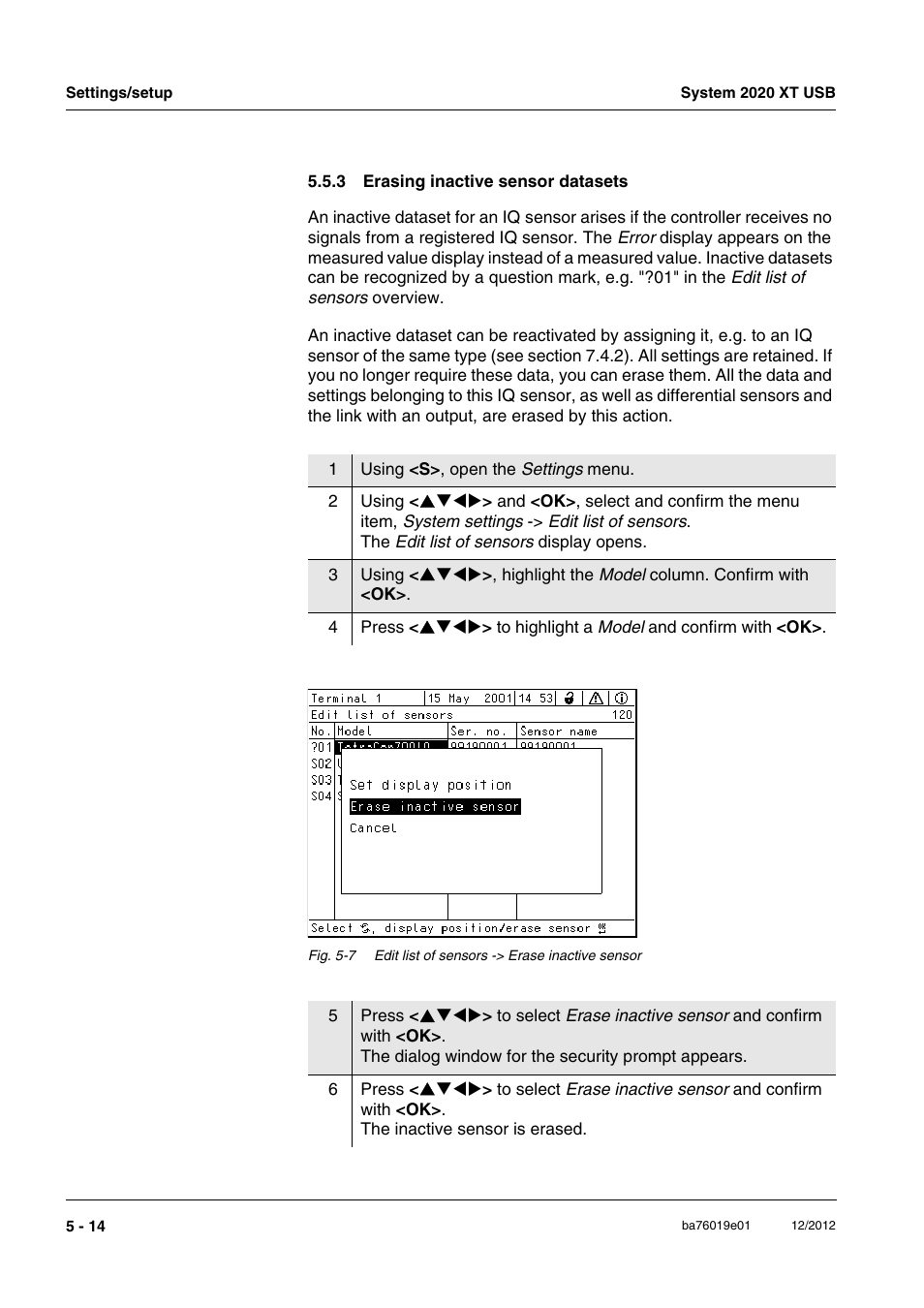 3 erasing inactive sensor datasets, Erasing inactive sensor datasets -14, Section 5.5.3 or | YSI IQ SensorNet 2020 XT Terminal User Manual | Page 134 / 196