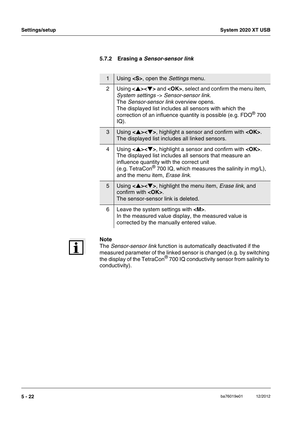 2 erasing a sensor-sensor link, Erasing a sensor-sensor link | YSI IQ SensorNet 2020 XT Terminal User Manual | Page 142 / 196