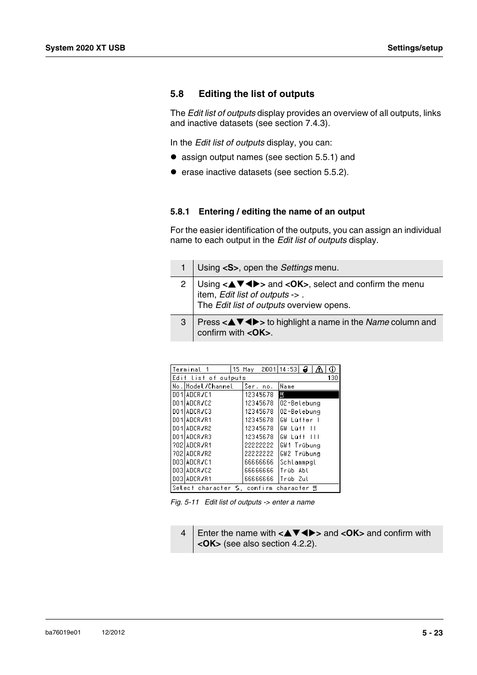 8 editing the list of outputs, 1 entering / editing the name of an output, Editing the list of outputs -23 5.8.1 | Entering / editing the name of an output -23, Nu (see section 5.8 e, Diting, List, Outputs | YSI IQ SensorNet 2020 XT Terminal User Manual | Page 143 / 196