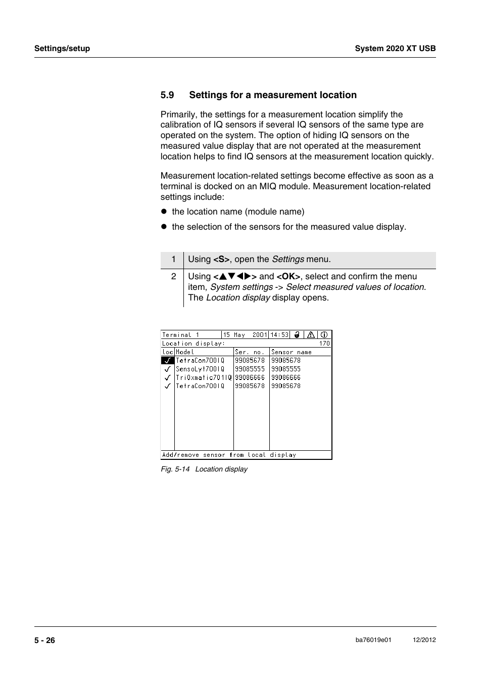 9 settings for a measurement location, Settings for a measurement location -26 | YSI IQ SensorNet 2020 XT Terminal User Manual | Page 146 / 196