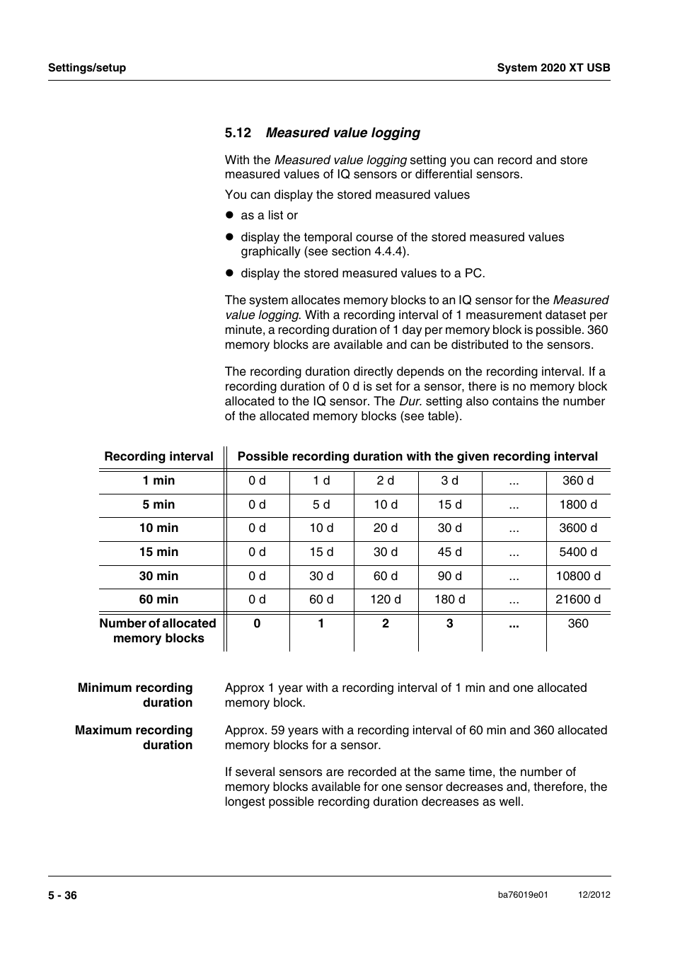 12 measured value logging, 12 measu | YSI IQ SensorNet 2020 XT Terminal User Manual | Page 156 / 196
