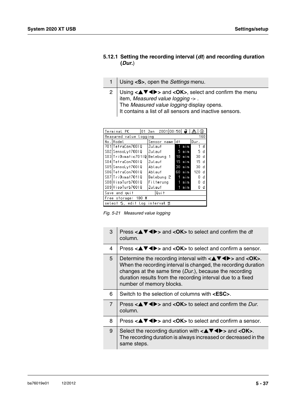 1 setting the recording interval ( dt | YSI IQ SensorNet 2020 XT Terminal User Manual | Page 157 / 196