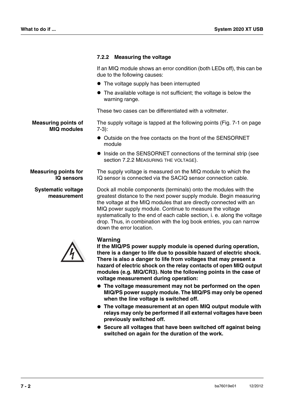 2 measuring the voltage, Measuring the voltage -2, Section 7.2.2) | Given in section 7.2.2 m, Easuring, Voltage, Sensors (see section 7.2.2) | YSI IQ SensorNet 2020 XT Terminal User Manual | Page 162 / 196