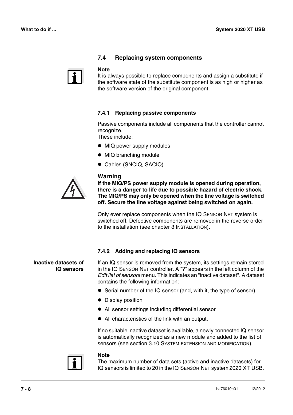 4 replacing system components, 1 replacing passive components, 2 adding and replacing iq sensors | Replacing system components -8 7.4.1, Replacing passive components -8, Adding and replacing iq sensors -8, In section 7.4 r, Eplacing, System, Components | YSI IQ SensorNet 2020 XT Terminal User Manual | Page 168 / 196