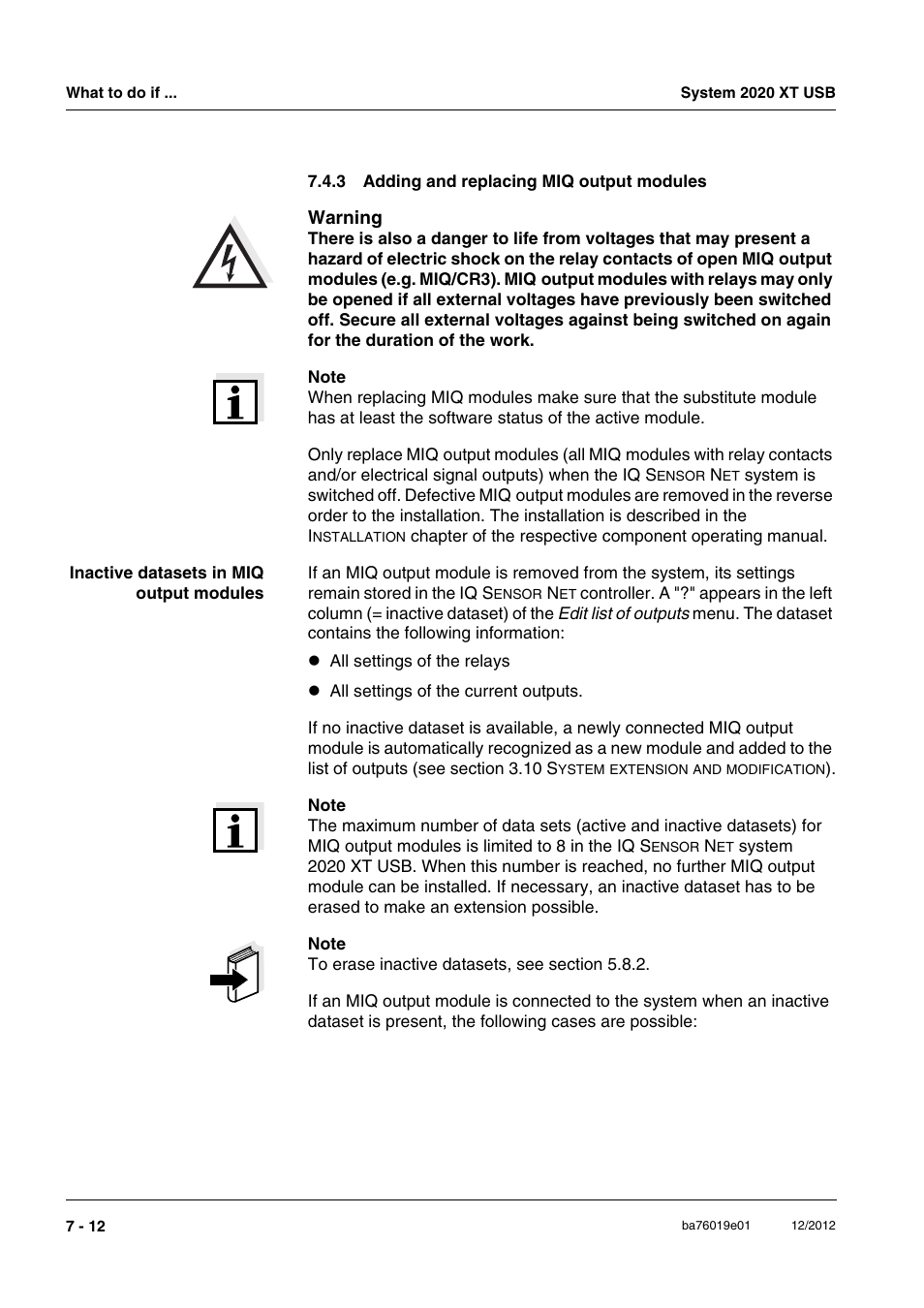 3 adding and replacing miq output modules, Adding and replacing miq output modules -12, Section 7.4.3 | YSI IQ SensorNet 2020 XT Terminal User Manual | Page 172 / 196