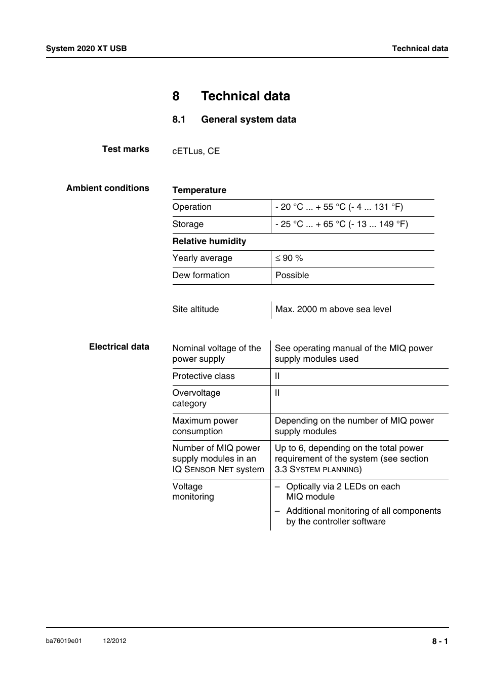 8 technical data, 1 general system data, Technical data -1 | General system data -1, To chapter 8 t, Echnical, Data, Only operat, Nts (see chapter 8 t, In chapter 8 t | YSI IQ SensorNet 2020 XT Terminal User Manual | Page 175 / 196