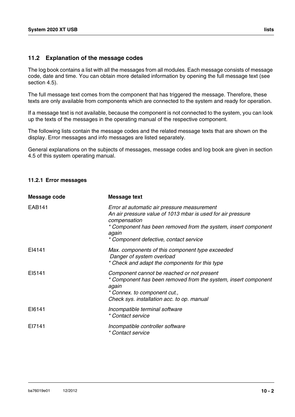 2 explanation of the message codes, 1 error messages, 2 explanation of the message codes -2 | 1 error messages -2 | YSI IQ SensorNet 2020 XT Terminal User Manual | Page 189 / 196