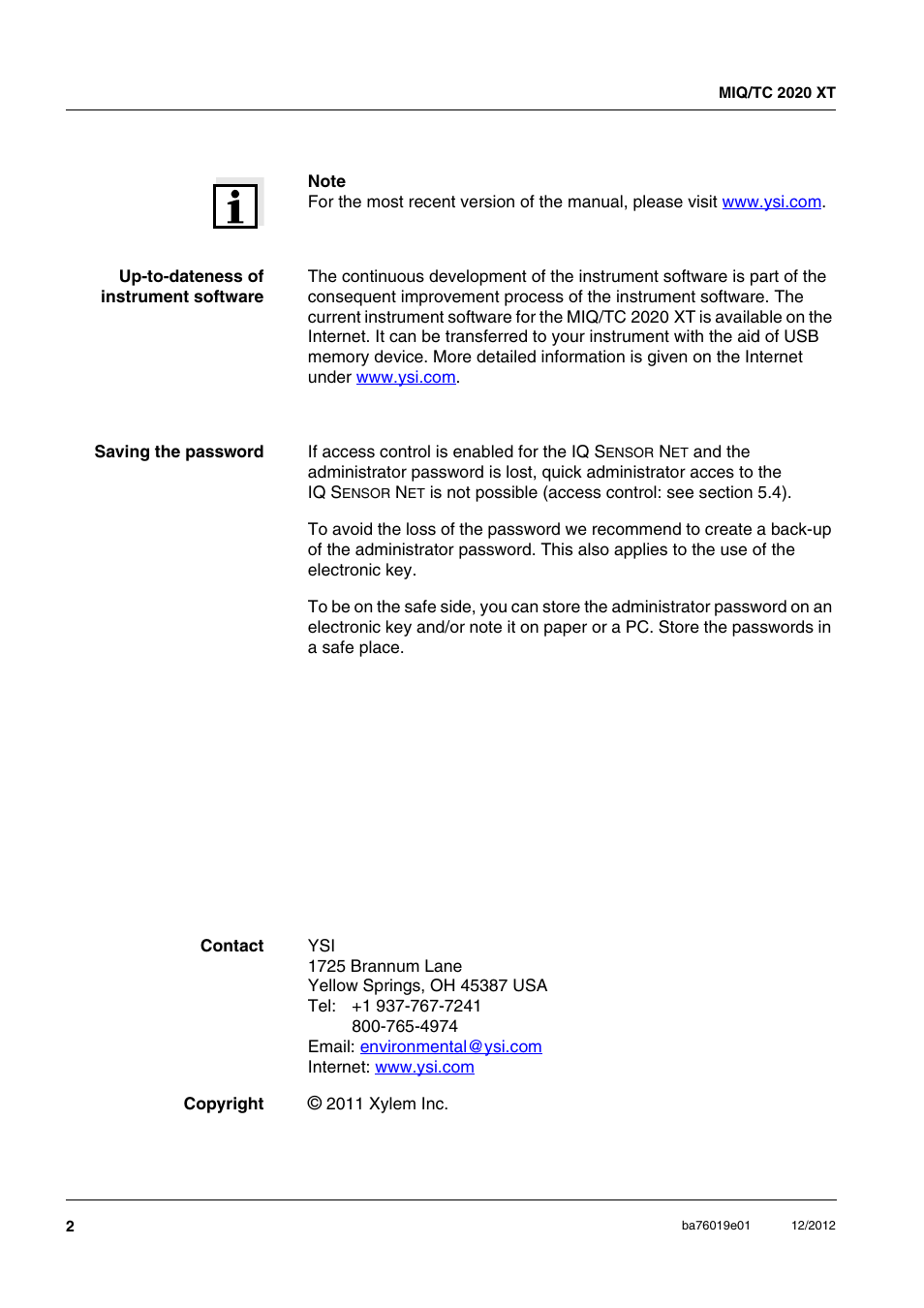 YSI IQ SensorNet 2020 XT Terminal User Manual | Page 2 / 196