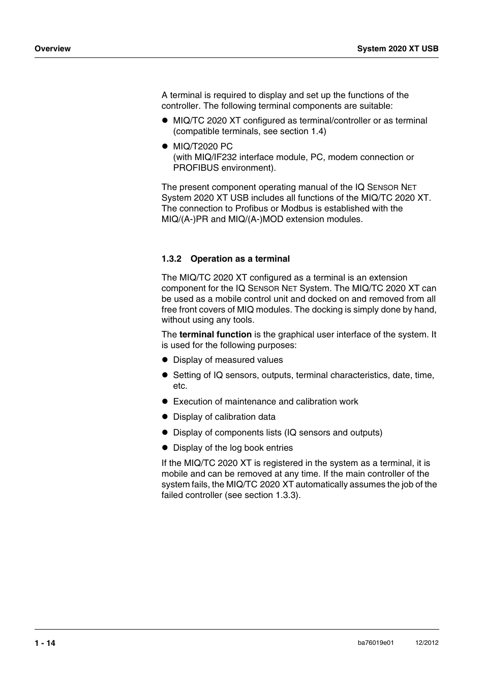 2 operation as a terminal, Operation as a terminal -14 | YSI IQ SensorNet 2020 XT Terminal User Manual | Page 20 / 196