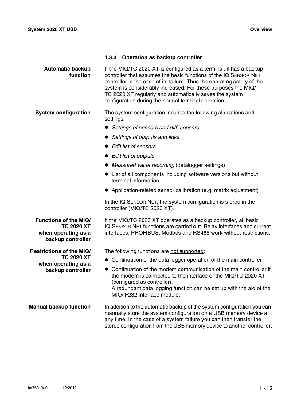 3 operation as backup controller, Operation as backup controller -15 | YSI IQ SensorNet 2020 XT Terminal User Manual | Page 21 / 196