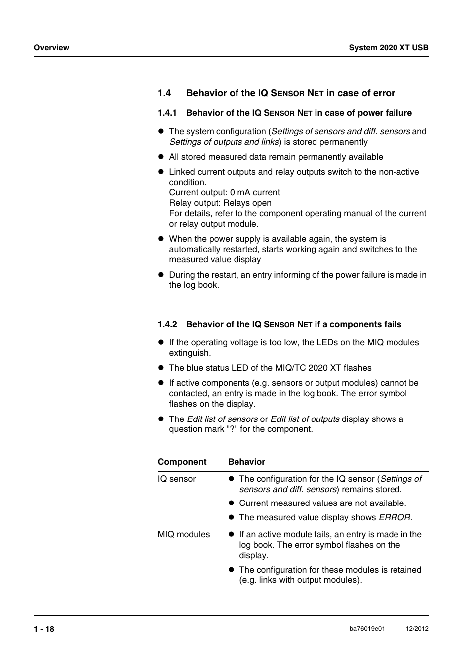 4 behavior of the iq sensor net in case of error, Behavior of the iq | YSI IQ SensorNet 2020 XT Terminal User Manual | Page 24 / 196
