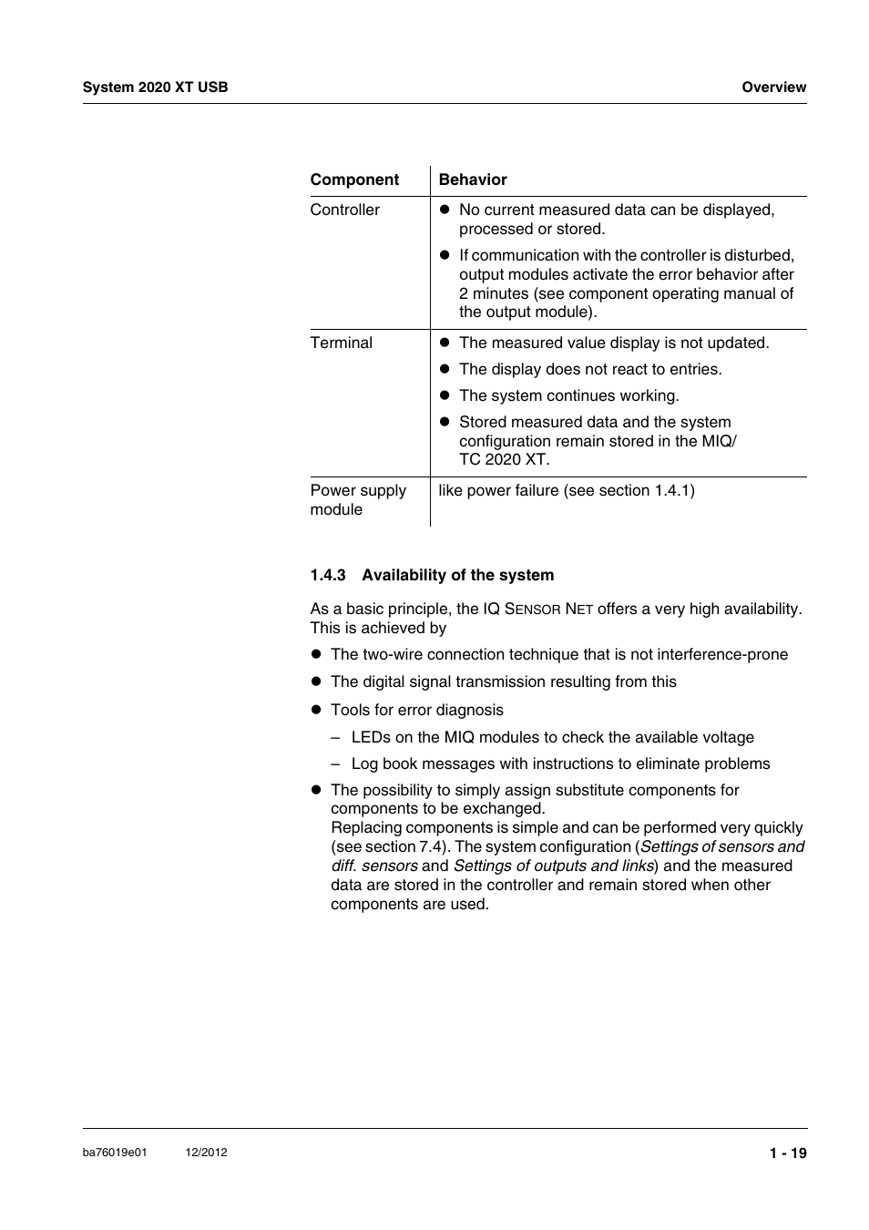 3 availability of the system, Availability of the system -19 | YSI IQ SensorNet 2020 XT Terminal User Manual | Page 25 / 196